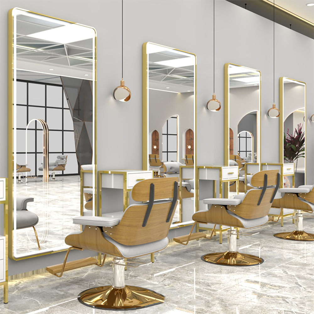 Armoire de miroir de lampe à LED de luxe en or pour Salon de coiffure Salon de beauté Led miroir de Salon de beauté avec miroir de style de porte pour Salon de coiffure