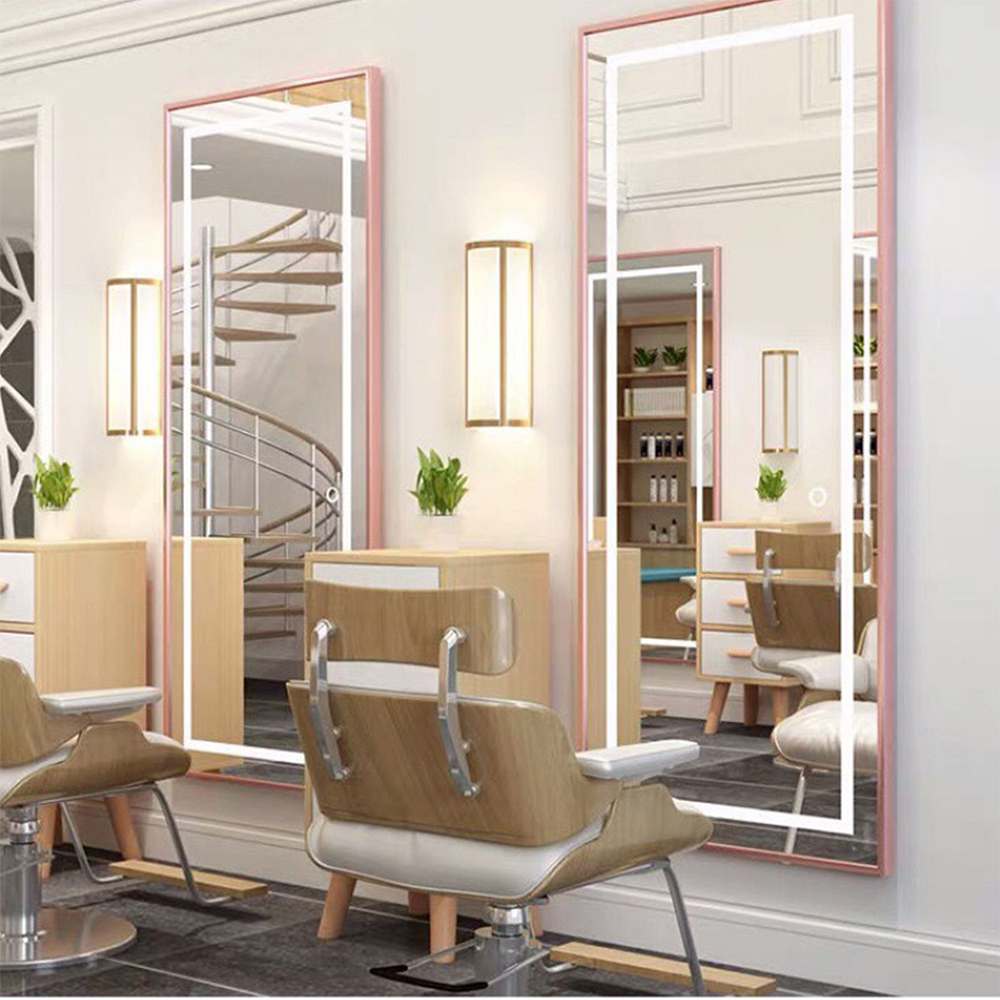 Armoire de miroir lumineuse à angle droit rose pour miroir de salon de coiffure avec miroir de style de porte