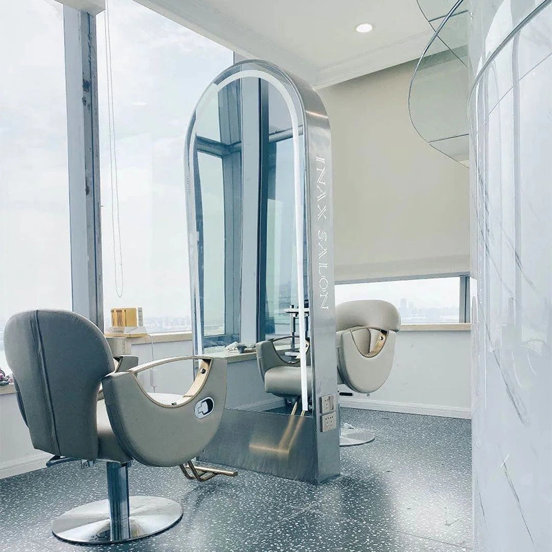 Miroir de salon de coiffure avec lumière LED, avec différentes lumières, station de sol miroir double face