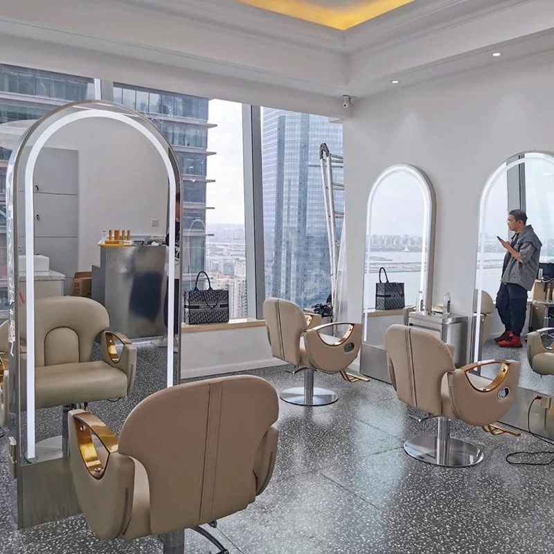 Miroir de salon de coiffure avec lumière LED, avec différentes lumières, station de sol miroir double face