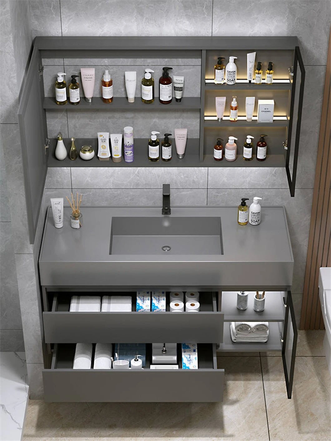Ventes d'usine en marbre noir salle de bain étanche armoire à pharmacie meubles de salle de bain armoire lavabo pour lavage à la main