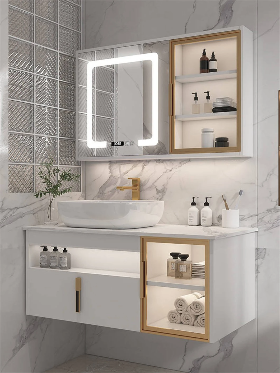 Armoire de salle de bains en bois imperméable de vanité de double évier de salle de bains moderne d'hôtel avec le coffret intelligent de miroir