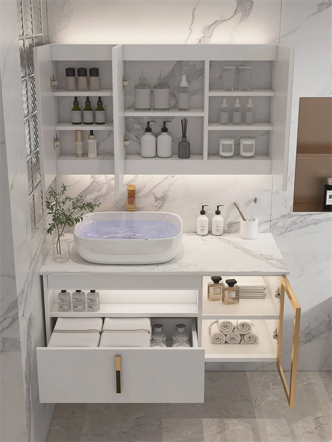 Armoire de salle de bains en bois imperméable de vanité de double évier de salle de bains moderne d'hôtel avec le coffret intelligent de miroir