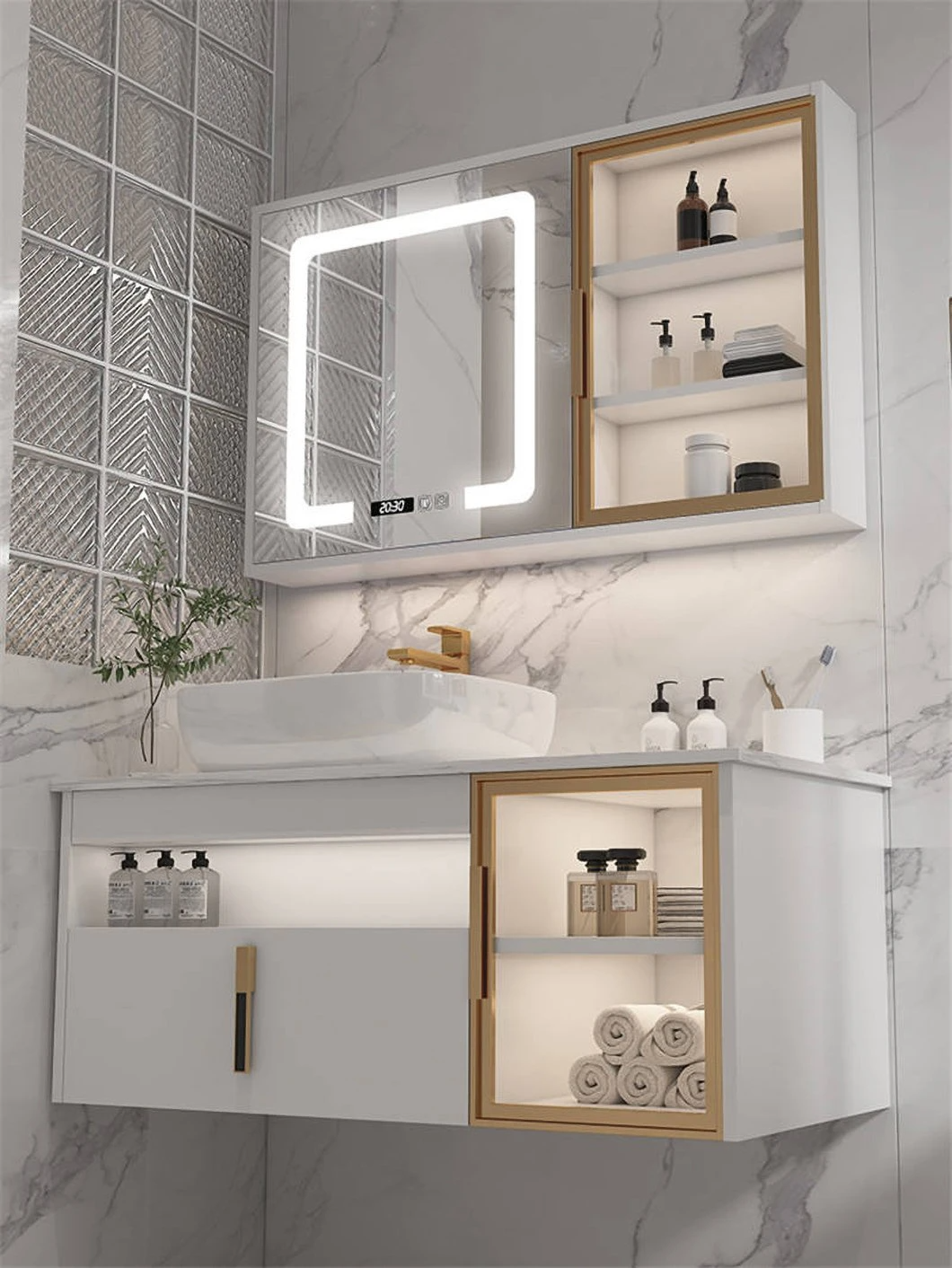 Armoire de salle de bains en bois imperméable de vanité de double évier de salle de bains moderne d'hôtel avec le coffret intelligent de miroir