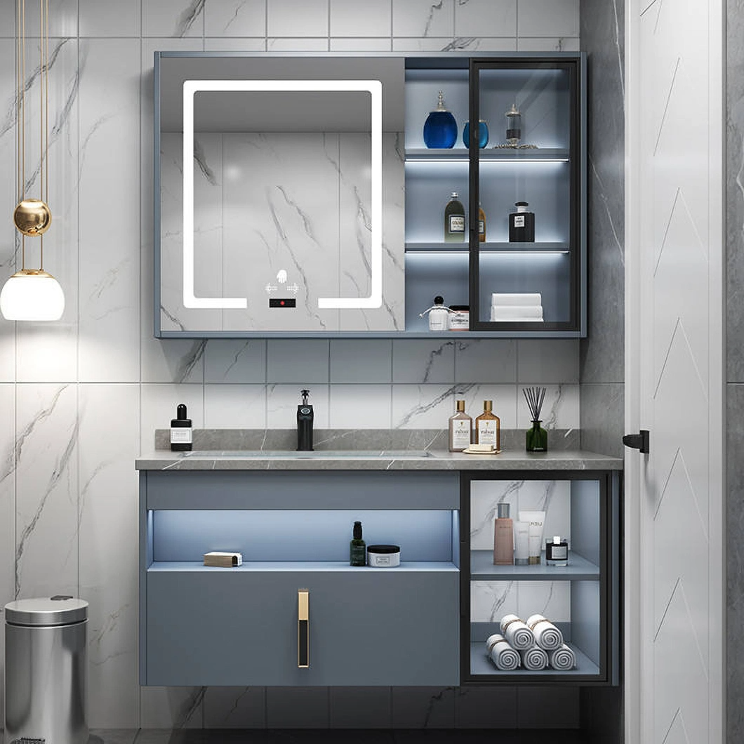 Armoire de salle de bains en bois imperméable de vanité de double évier de salle de bains moderne d'hôtel avec le coffret intelligent de miroir