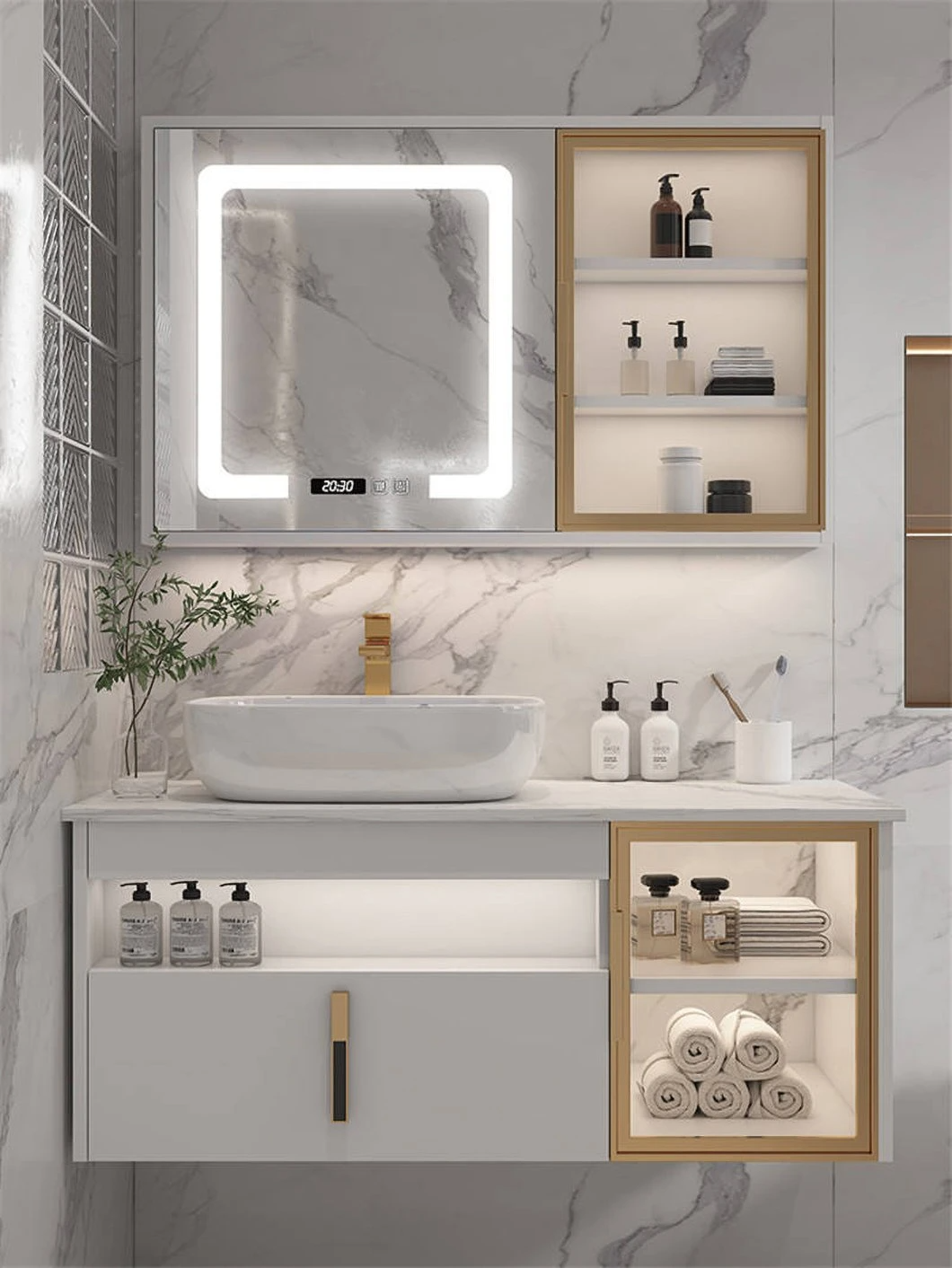 Armoire de salle de bains en bois imperméable de vanité de double évier de salle de bains moderne d'hôtel avec le coffret intelligent de miroir