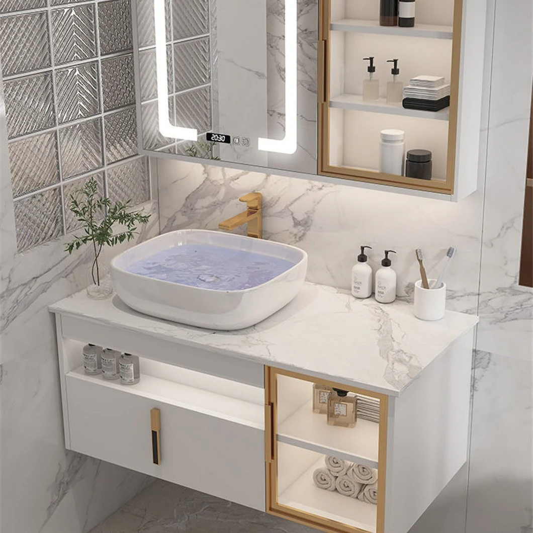 Armoire de salle de bains en bois imperméable de vanité de double évier de salle de bains moderne d'hôtel avec le coffret intelligent de miroir