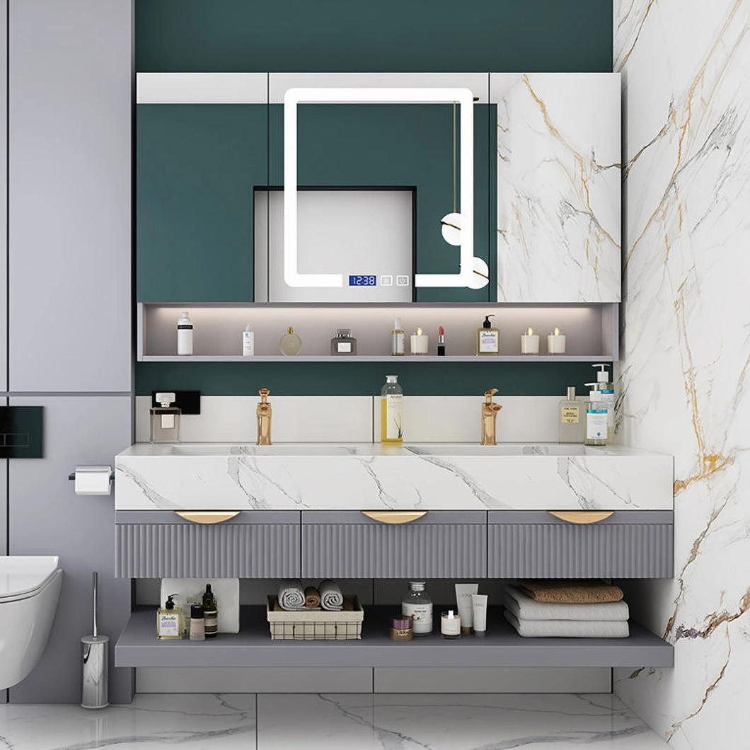 Armoire de salle de bain en aluminium avec armoire à miroir pour salle de bain en marbre de luxe