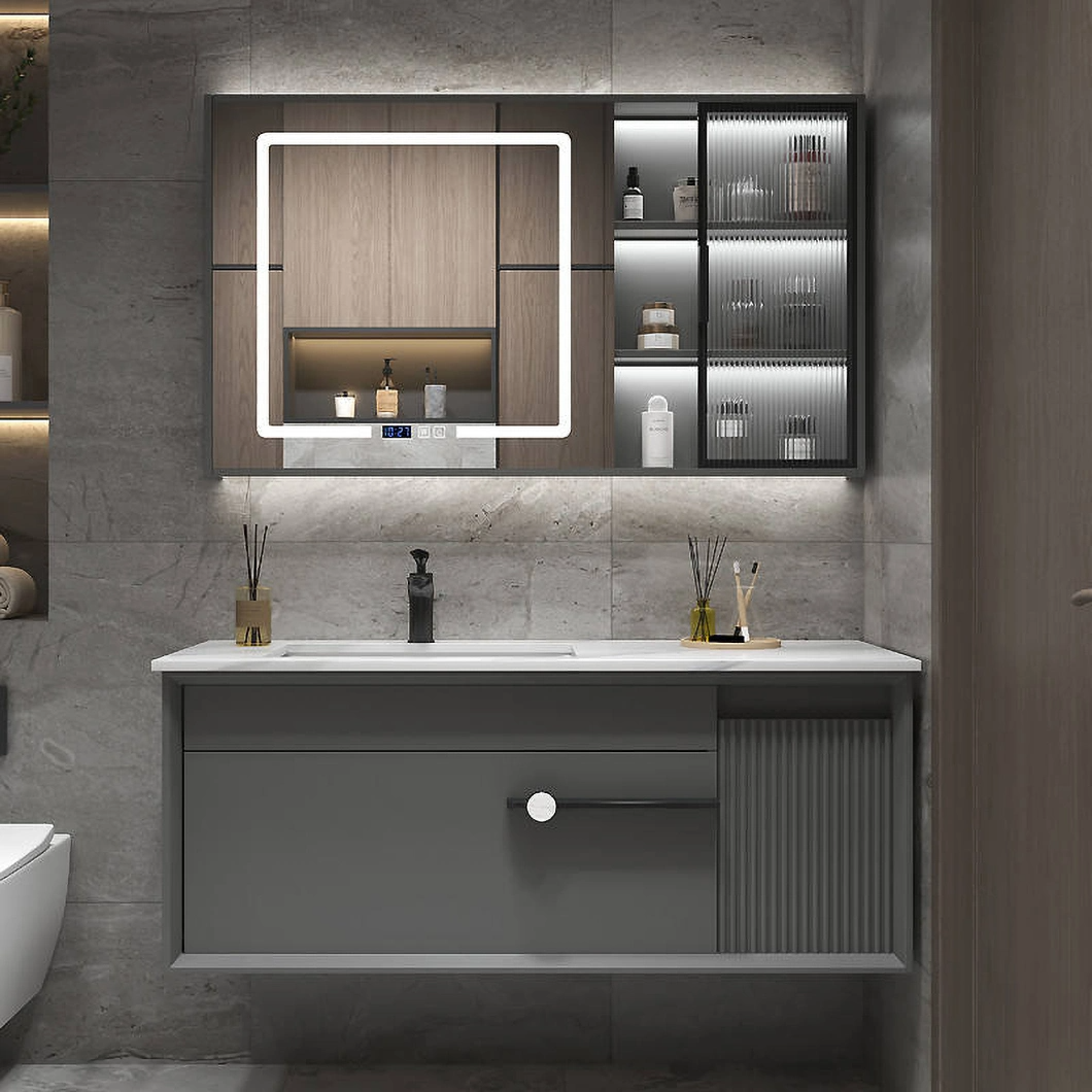 Ensemble de vanité de luxe moderne avec armoire de salle de bain en bois dur noir brillant avec miroir LED
