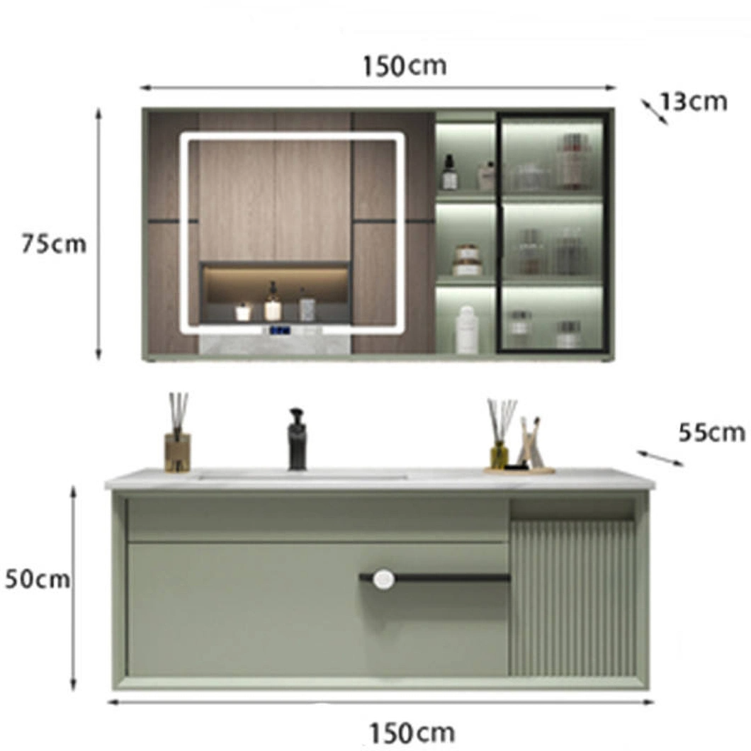 Ensemble de vanité de luxe moderne avec armoire de salle de bain en bois dur noir brillant avec miroir LED