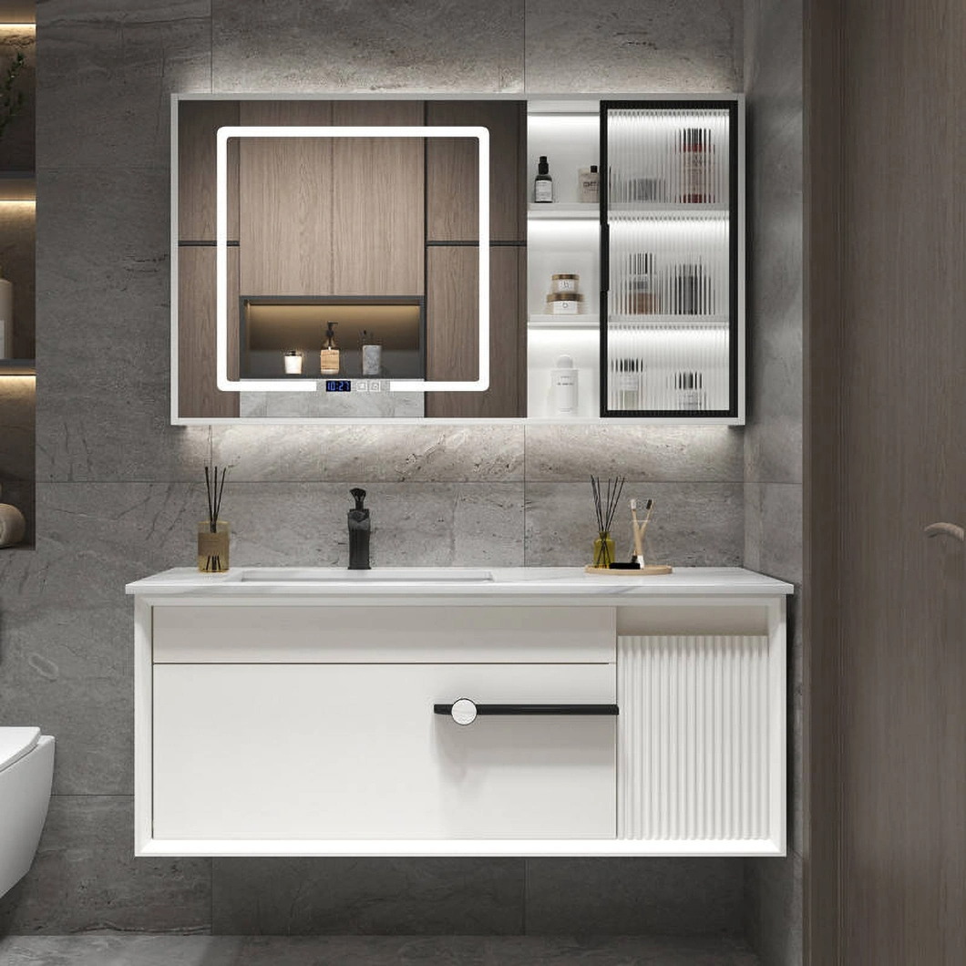 Ensemble de vanité de luxe moderne avec armoire de salle de bain en bois dur noir brillant avec miroir LED