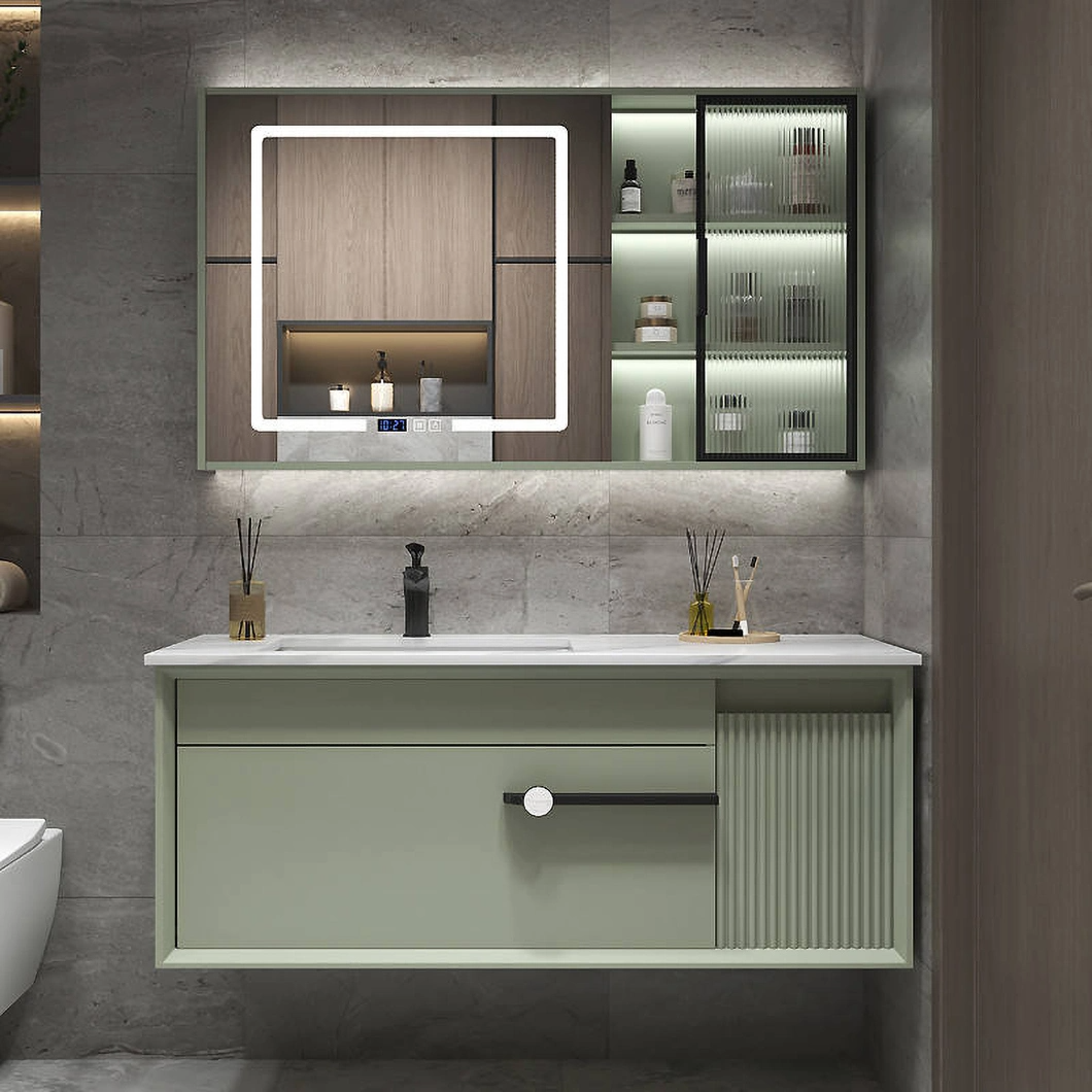 Ensemble de vanité de luxe moderne avec armoire de salle de bain en bois dur noir brillant avec miroir LED