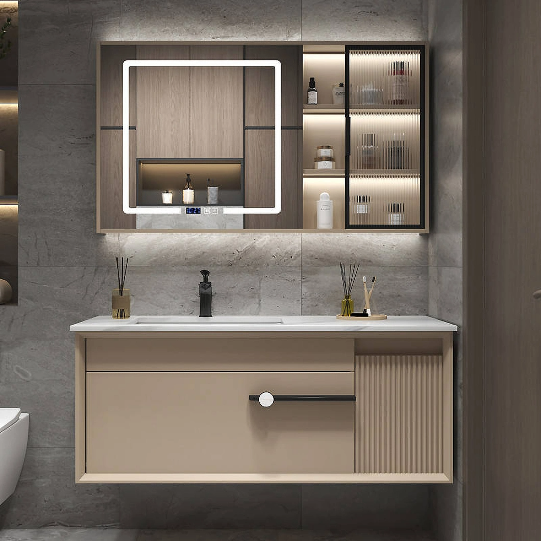 Ensemble de vanité de luxe moderne avec armoire de salle de bain en bois dur noir brillant avec miroir LED