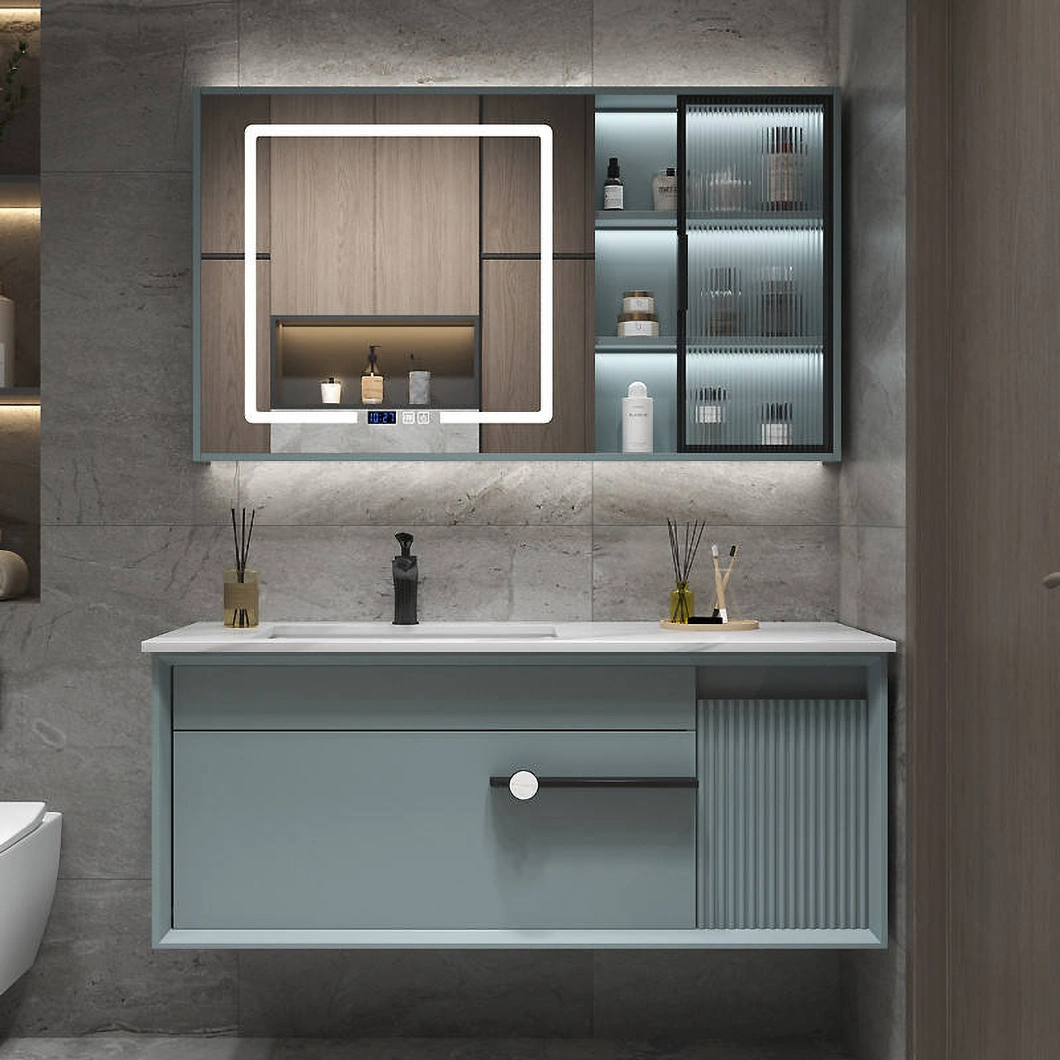 Ensemble de vanité de luxe moderne avec armoire de salle de bain en bois dur noir brillant avec miroir LED