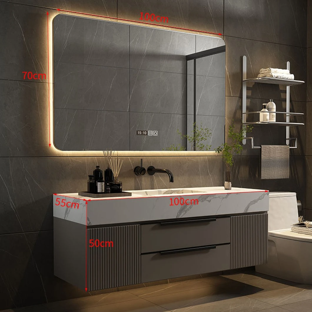2023 nouvelle armoire de salle de bain en marbre moderne gris flottant tiroir en bois massif vanité de salle de bain avec armoire à miroir