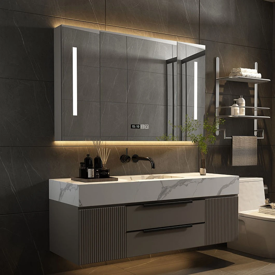 2023 nouvelle armoire de salle de bain en marbre moderne gris flottant tiroir en bois massif vanité de salle de bain avec armoire à miroir