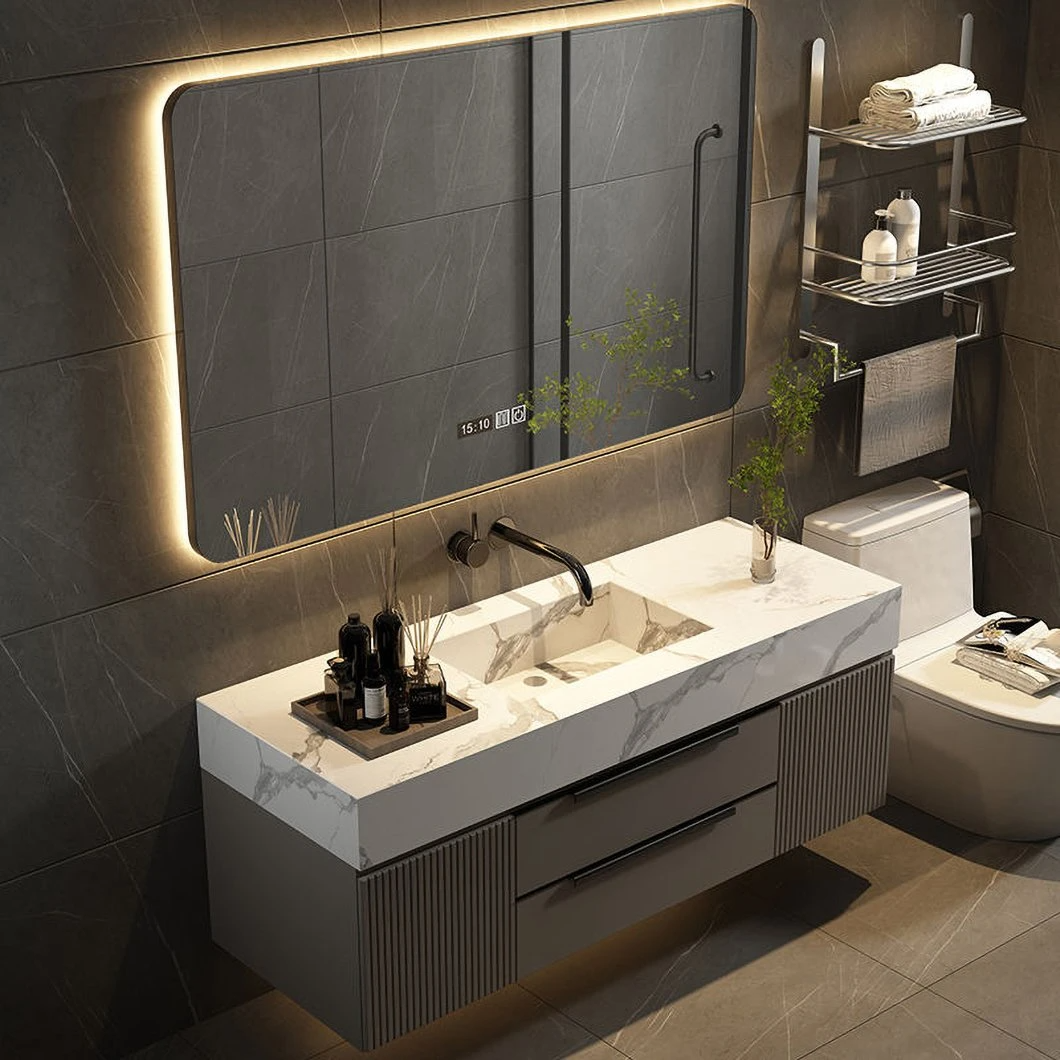 2023 nouvelle armoire de salle de bain en marbre moderne gris flottant tiroir en bois massif vanité de salle de bain avec armoire à miroir
