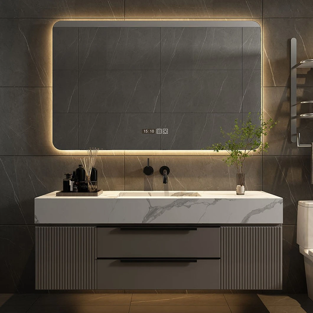 2023 nouvelle armoire de salle de bain en marbre moderne gris flottant tiroir en bois massif vanité de salle de bain avec armoire à miroir