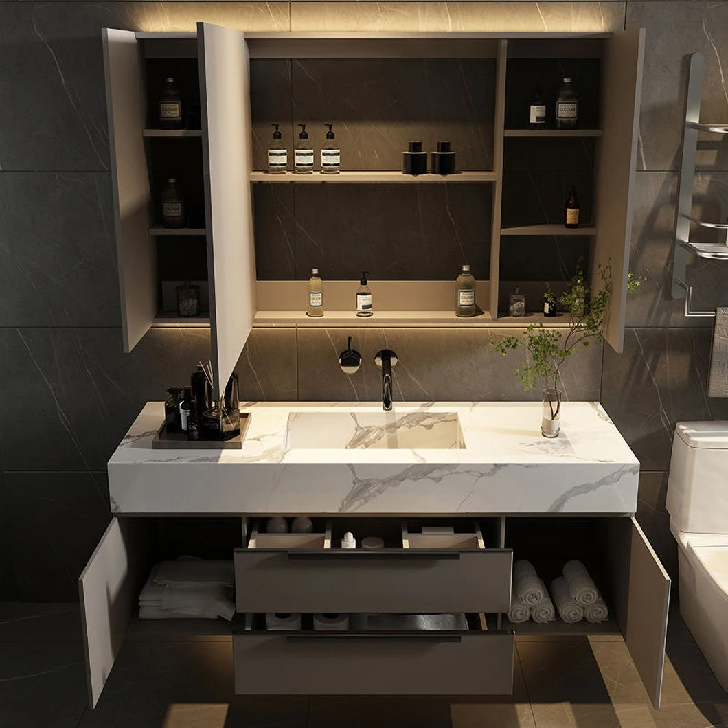 2023 nouvelle armoire de salle de bain en marbre moderne gris flottant tiroir en bois massif vanité de salle de bain avec armoire à miroir