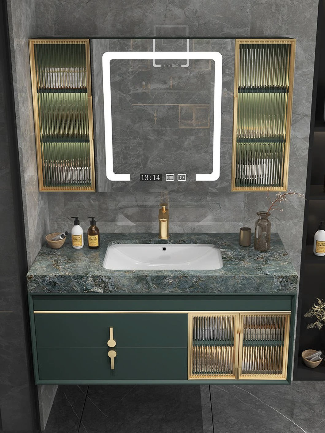 Armoire de salle de bain de luxe contemporaine ensemble vanité en verre de salle de bain fixée au mur avec armoire à miroir