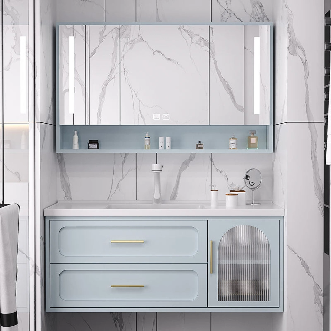 Armoire de salle de bain de luxe contemporaine ensemble vanité en verre de salle de bain fixée au mur avec armoire à miroir