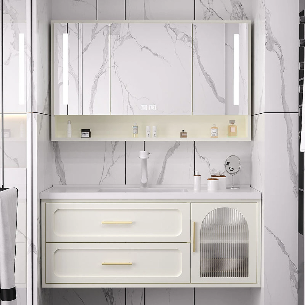 Armoire de salle de bain de luxe contemporaine ensemble vanité en verre de salle de bain fixée au mur avec armoire à miroir