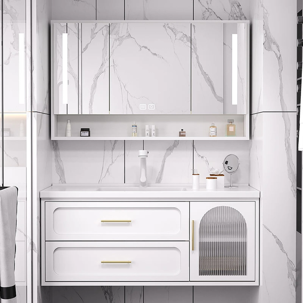Armoire de salle de bain de luxe contemporaine ensemble vanité en verre de salle de bain fixée au mur avec armoire à miroir