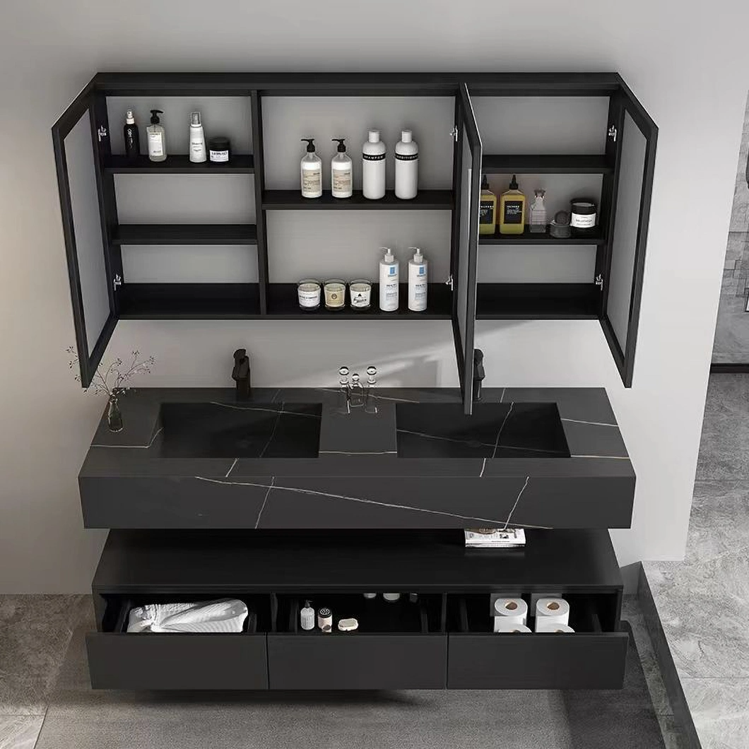 Équipement de salle de bain Tiroir de rangement Luxe en bois massif et marbre de Carrare Laque blanche Vanité de salle de bain Armoire de lavabo étanche