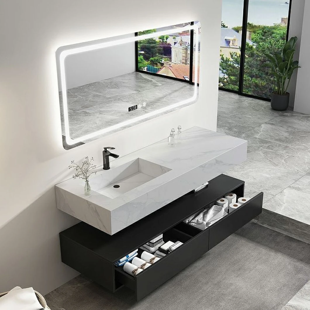 Équipement de salle de bain Tiroir de rangement Luxe en bois massif et marbre de Carrare Laque blanche Vanité de salle de bain Armoire de lavabo étanche
