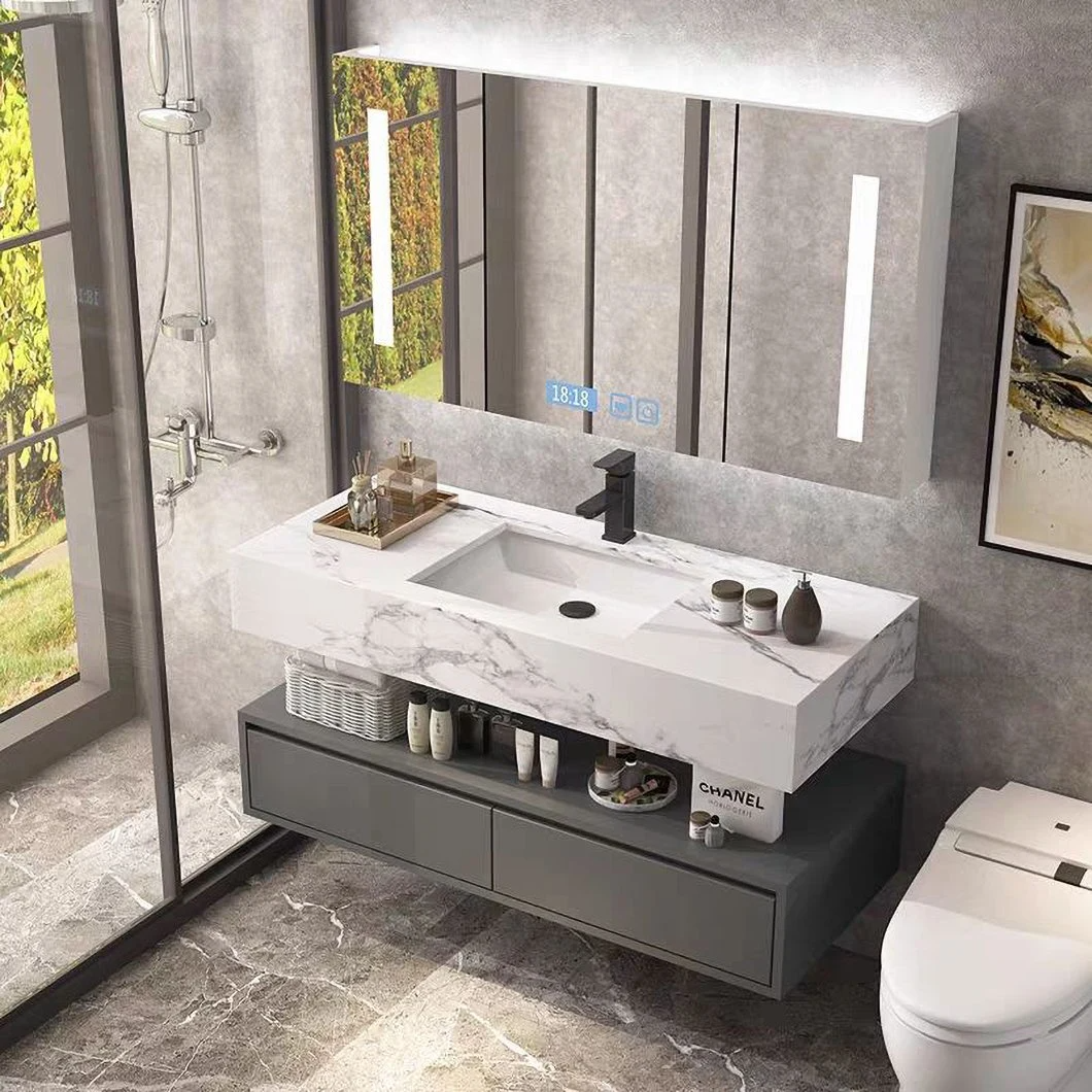 Équipement de salle de bain Tiroir de rangement Luxe en bois massif et marbre de Carrare Laque blanche Vanité de salle de bain Armoire de lavabo étanche