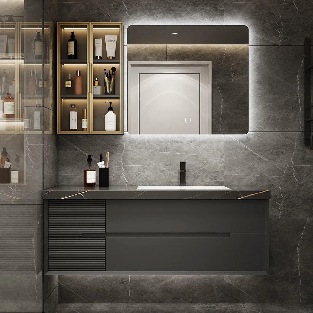 OEM personnalisé marbre ardoise lumière luxe minimaliste en bois massif salle de bain lavabo salle de bain vanité avec miroir LED