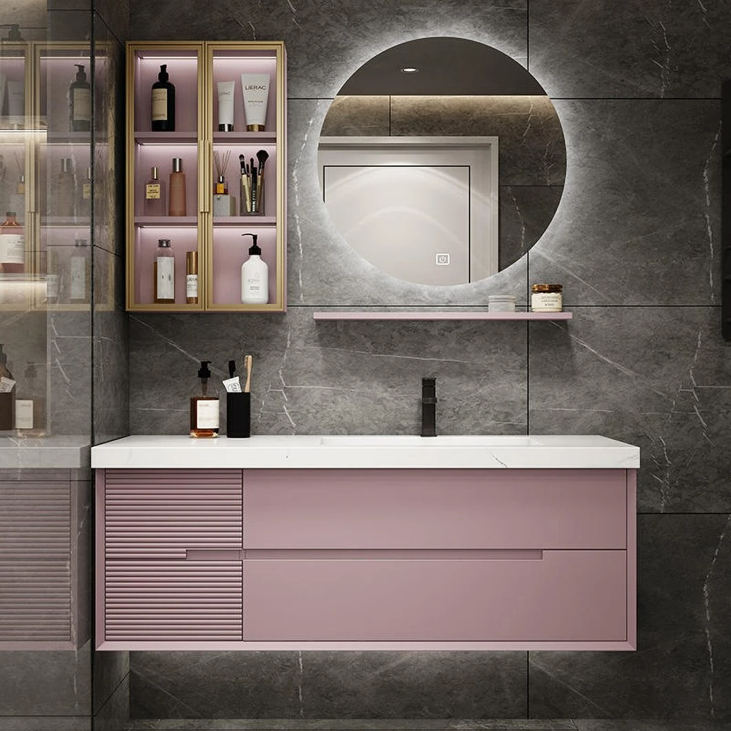 OEM personnalisé marbre ardoise lumière luxe minimaliste en bois massif salle de bain lavabo salle de bain vanité avec miroir LED