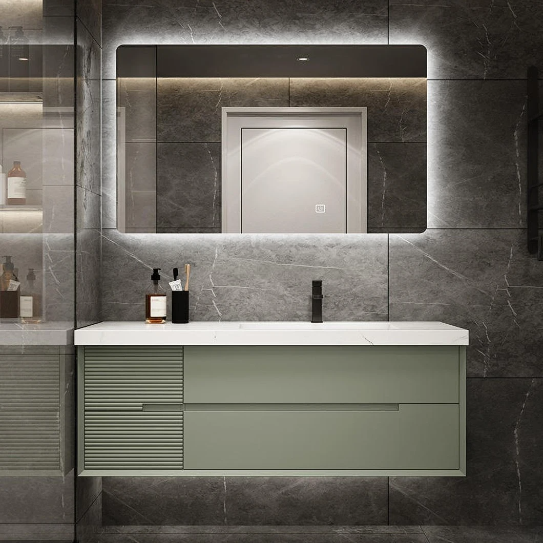 OEM personnalisé marbre ardoise lumière luxe minimaliste en bois massif salle de bain lavabo salle de bain vanité avec miroir LED