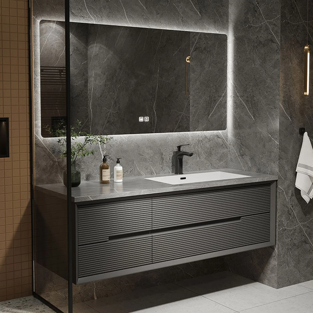 OEM personnalisé marbre ardoise lumière luxe minimaliste en bois massif salle de bain lavabo salle de bain vanité avec miroir LED