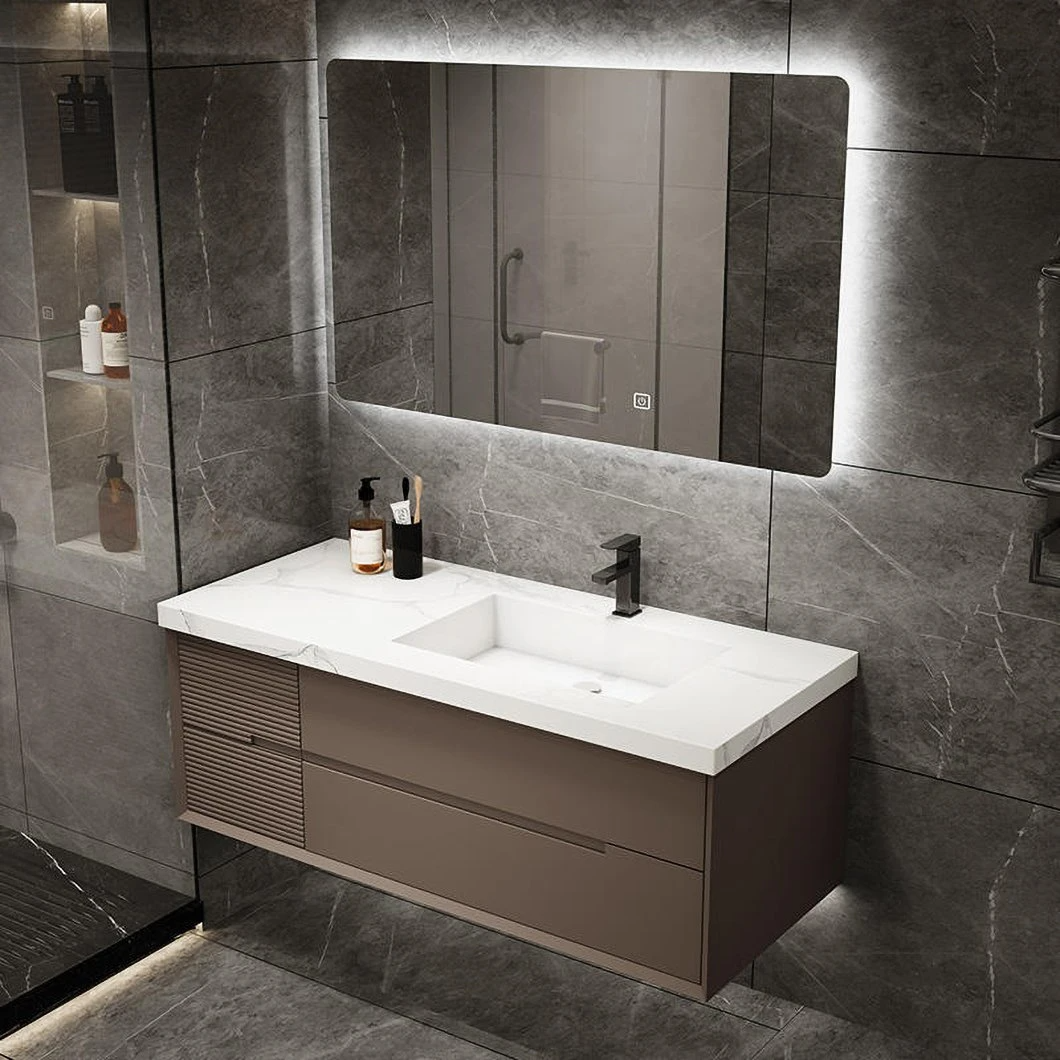 OEM personnalisé marbre ardoise lumière luxe minimaliste en bois massif salle de bain lavabo salle de bain vanité avec miroir LED