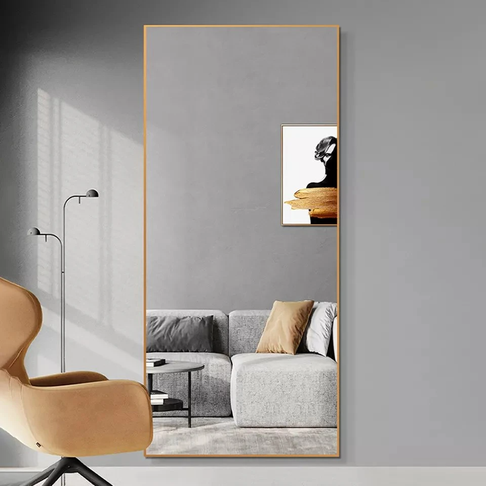 Grands miroirs muraux anti-déflagrants pour chambre à coucher avec cadre en aluminium et miroir doré