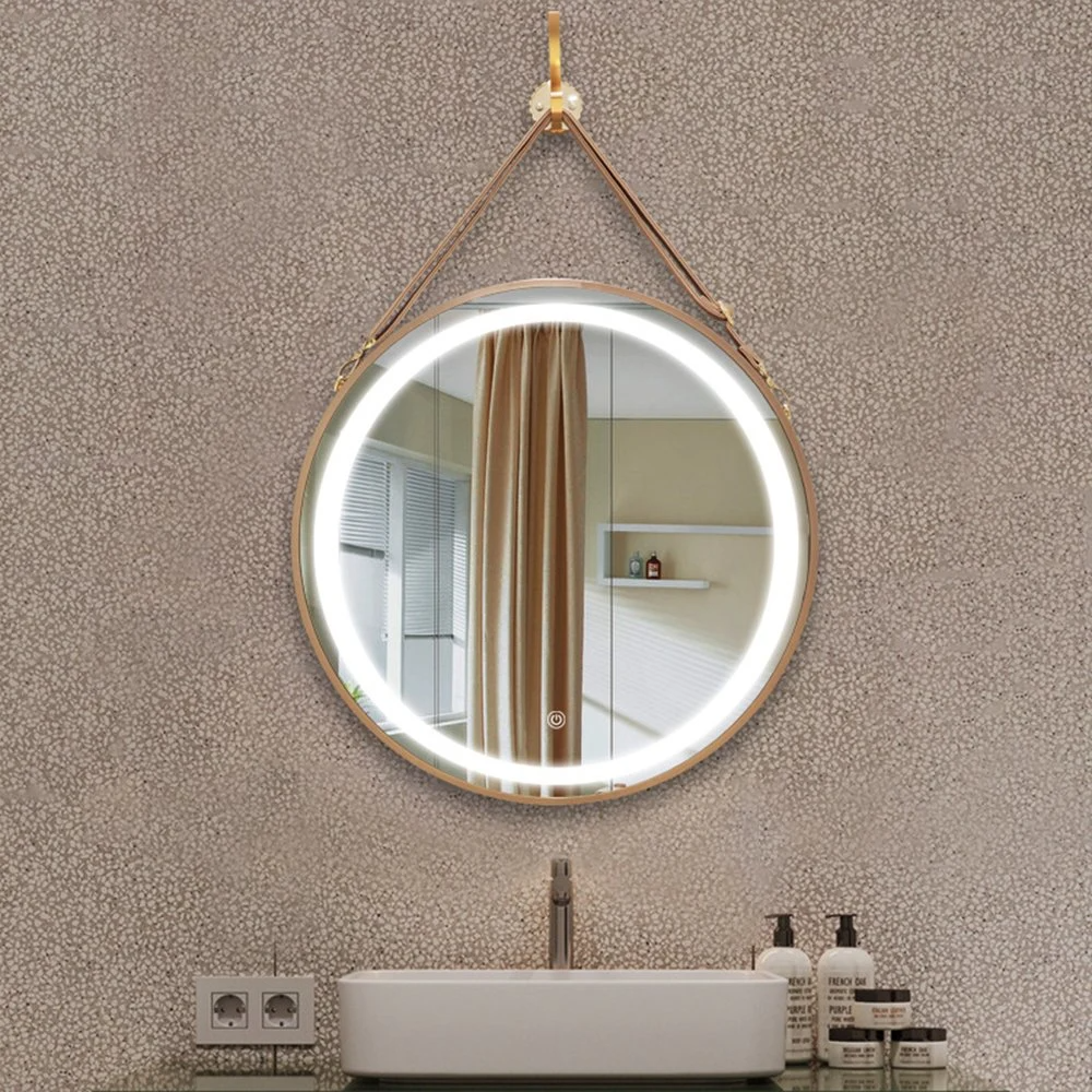 Miroir mural rond en PU avec bracelet en cuir