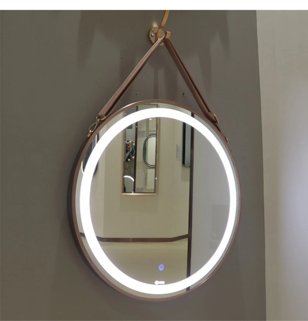 Miroir rond LED de salle de bain mural avec ceinture en cuir miroir intelligent miroir mural décoration de la maison miroir de maquillage Bluetooth accessoires de salle de bain meubles de salon