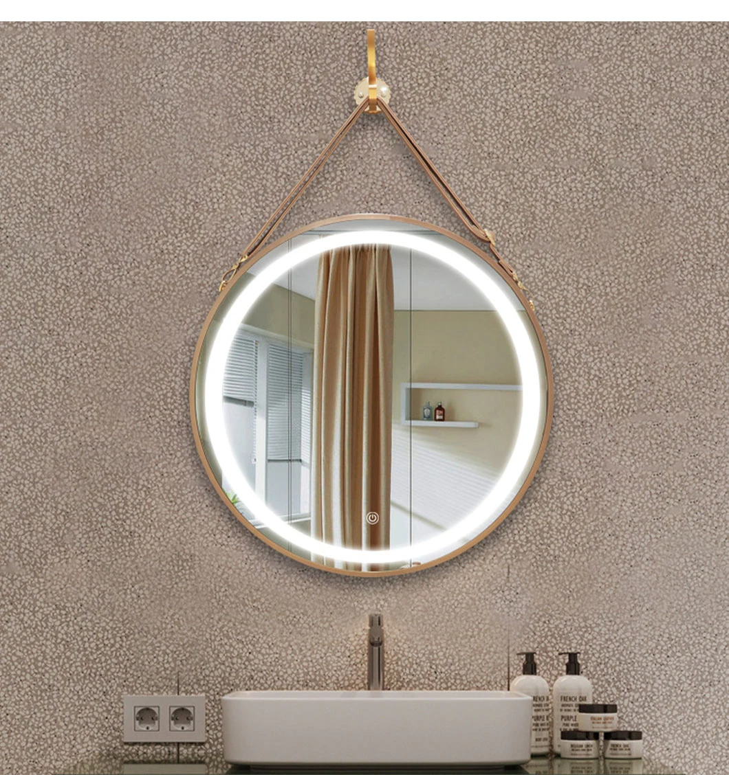 Miroir rond LED de salle de bain mural avec ceinture en cuir miroir intelligent miroir mural décoration de la maison miroir de maquillage Bluetooth accessoires de salle de bain meubles de salon