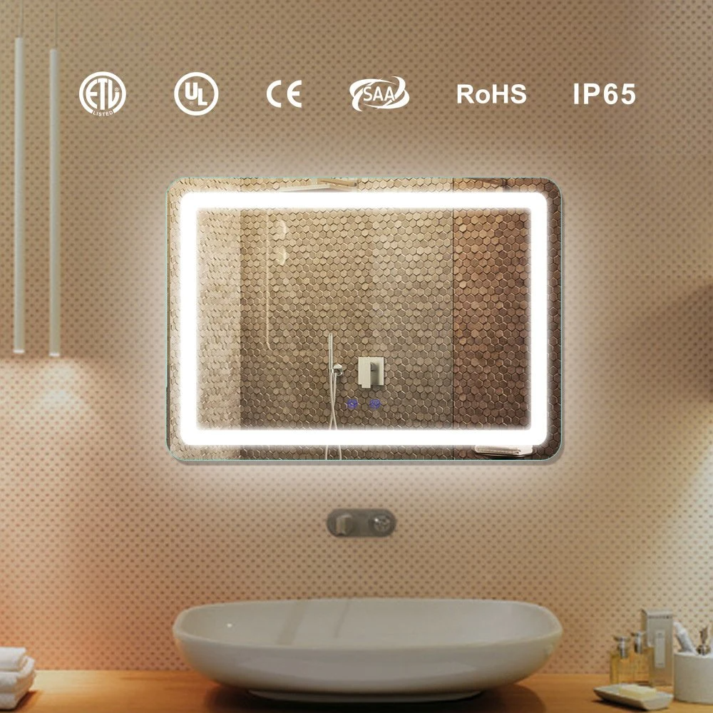 Commerce de gros de salle de bains Smart rétro-éclairé LED miroir de verre mural décoratif éclairé par des meubles de vanité