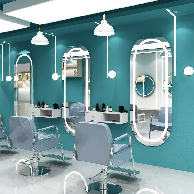 Barbershop Miroir de salon simple à deux côtés Salon de beauté avec armoire et table