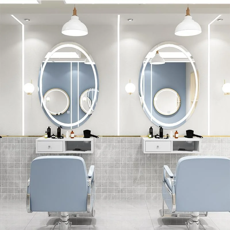 Barbershop Miroir de salon simple à deux côtés Salon de beauté avec armoire et table
