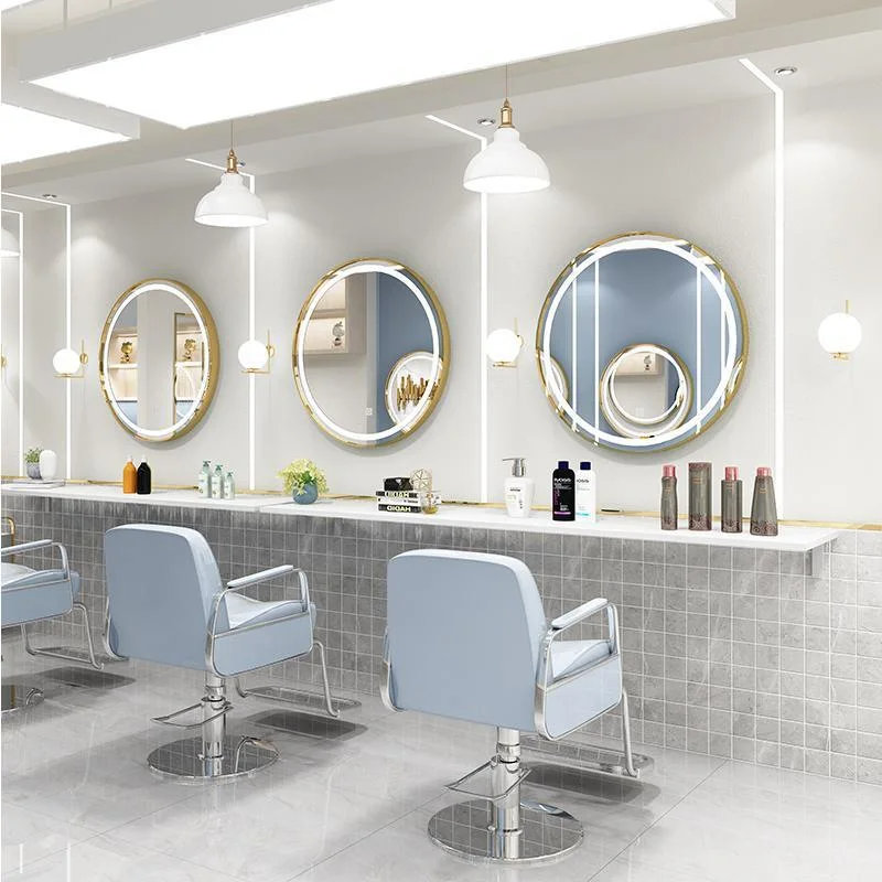 Barbershop Miroir de salon simple à deux côtés Salon de beauté avec armoire et table