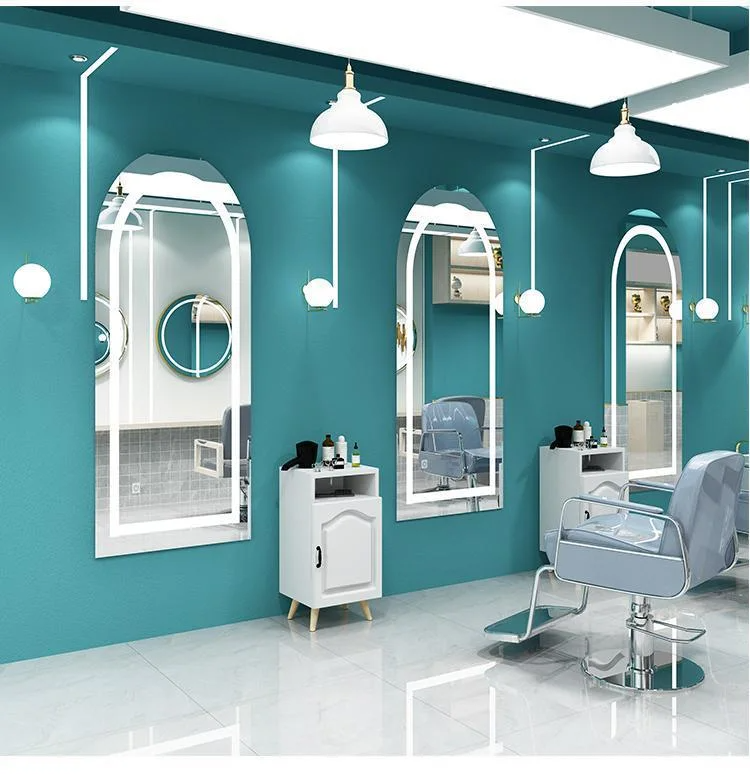 Barbershop Miroir de salon simple à deux côtés Salon de beauté avec armoire et table