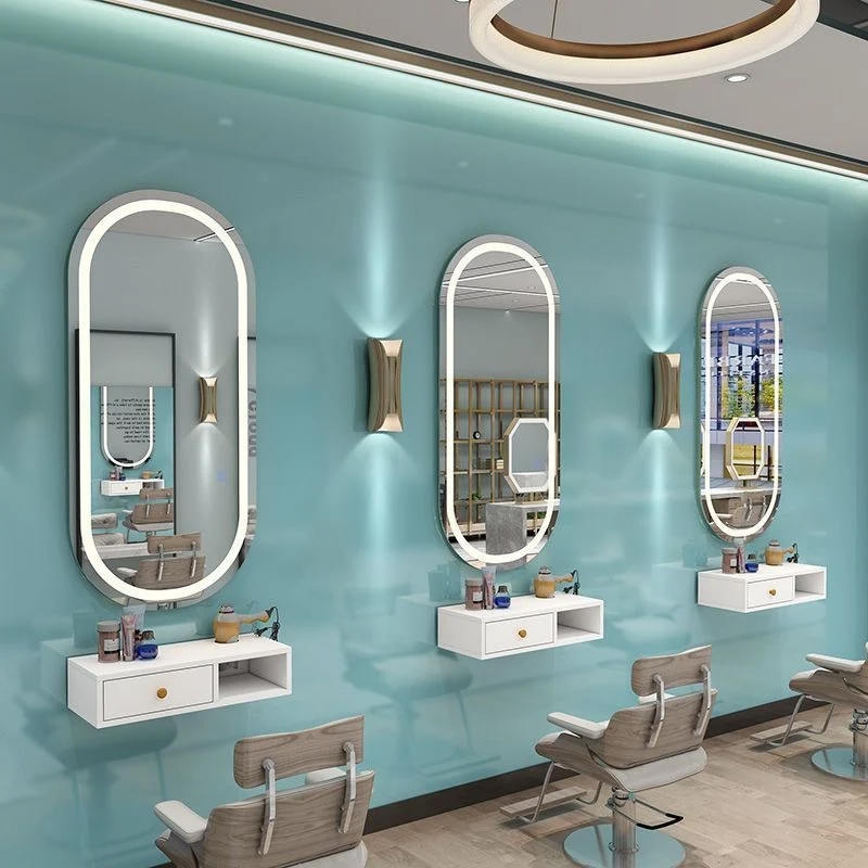 Barbershop Miroir de salon simple à deux côtés Salon de beauté avec armoire et table