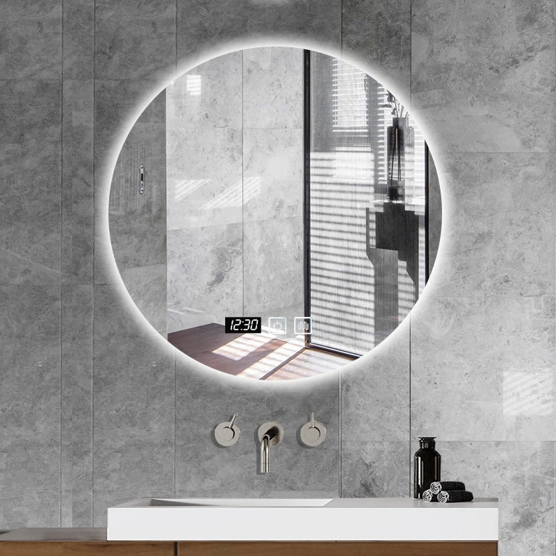 Miroir mural de salle de bain rétro-éclairé rond sans cadre à la maison moderne éclairé par LED